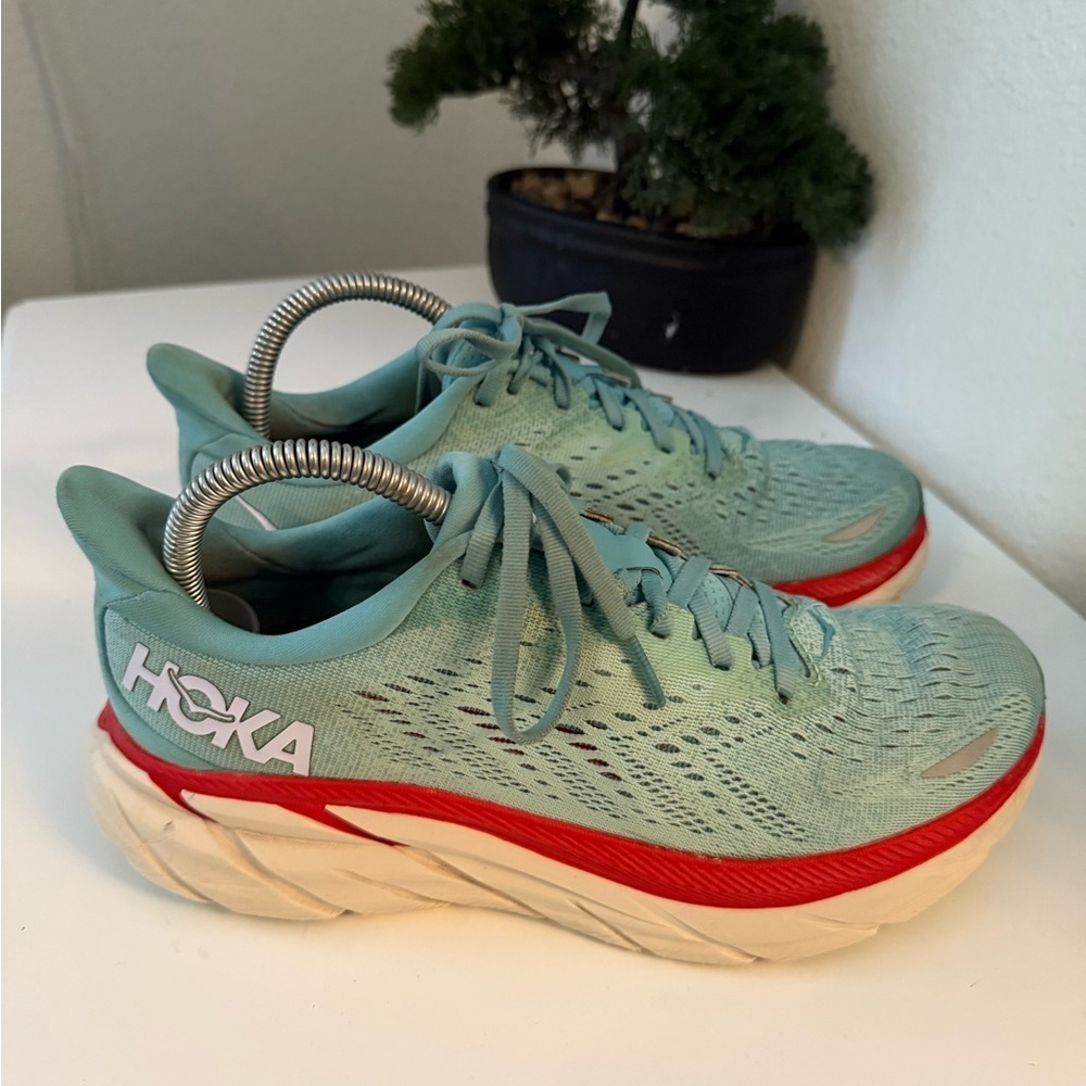 Hoka women size 8 Clifton 8 Teal and Coral Running Shoes - Picture 5 of 9